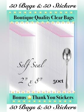 50ct 2x8” Clear Cello Bags w/50ct Free Stickers 🍃🆕🍃Crystal Clear~ Resealable…